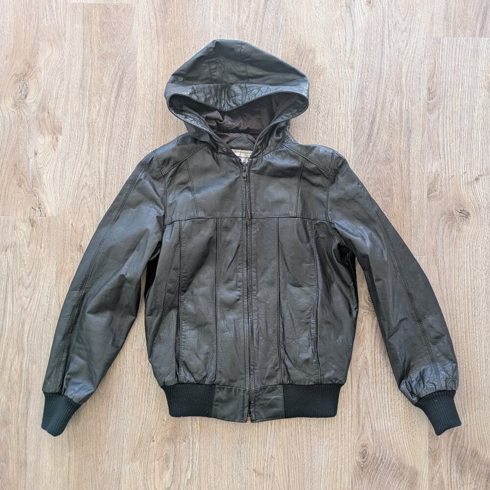Kids Hooded Faux Leather Jacket - Black